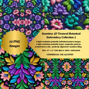 May include: A digital art collection featuring seamless 3D botanical embroidery patterns. The image showcases various floral designs in vibrant colors, including pink, purple, and green, set against dark backgrounds. The collection includes 10 PNG images, perfect for digital projects.