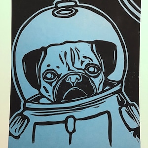 Pug in space! (black ink on light blue cardstock)