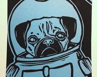 Pug in space! (black ink on light blue cardstock)