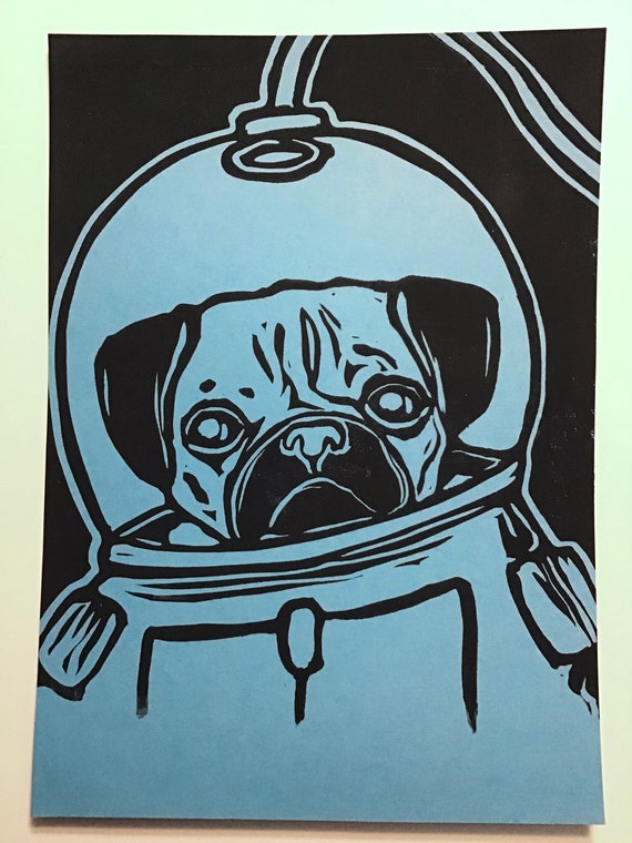 Pug in Space black Ink on Light Blue Cardstock 