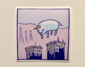 Pablo flying in the city (full color sticker)