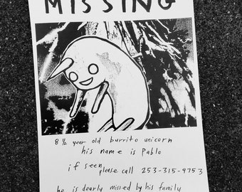 Missing Burrito Unicorn flyer (print on thick card stock)