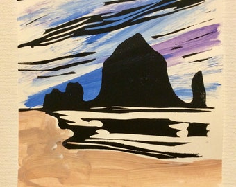 Cannon Beach 4 (acrylic paint and block print)