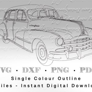 May include: A black and white line drawing of a vintage car. The car has a long hood, a rounded body, and a large grille. The drawing is in a single color outline style.