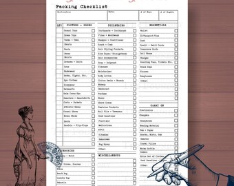 Könnte beinhalten: Eine druckbare Packliste mit Kategorien für Kleidung, Schuhe, Toilettenartikel, Notwendigkeiten, Handgepäck, Accessoires und Sonstiges. Die Packliste soll Reisenden helfen, für eine Reise zu packen.