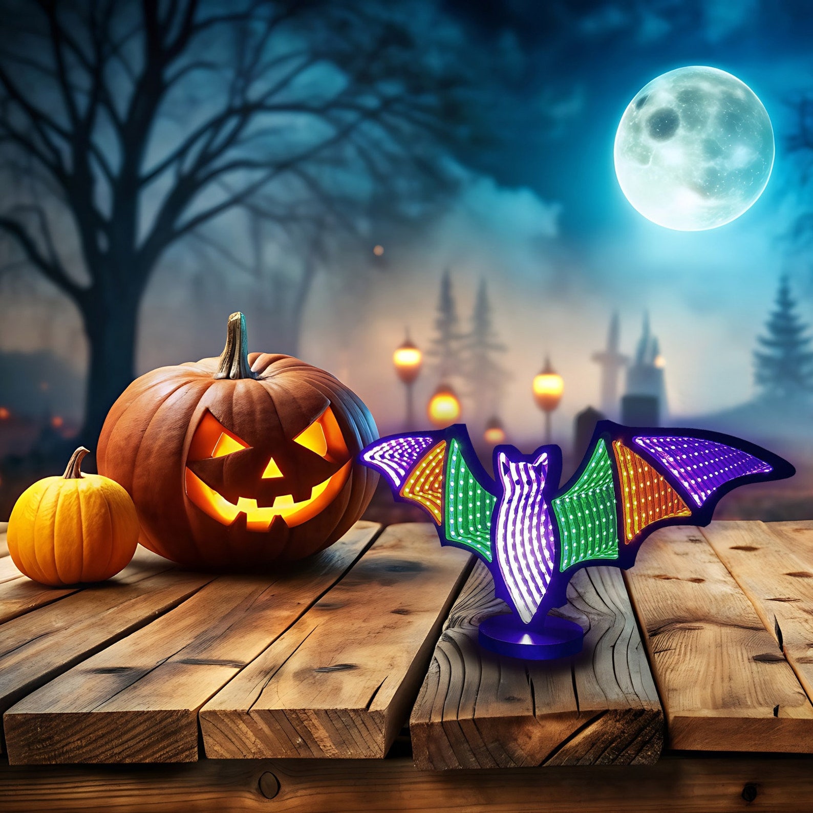 Bat Infinity Mirror Light 16x7 With Stand - Halloween LED Tabletop Decor, USB Powered, Spooky ...