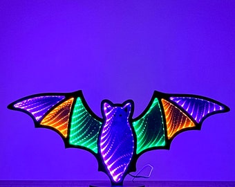 Bat Infinity Mirror Light 16x7 ze stojakiem - dekoracja stołu LED na Halloween, zasilana przez USB, upiorna sylwetka nietoperza