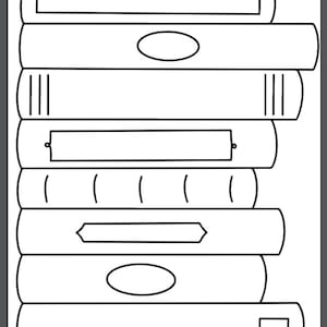 May include: A stack of eight books, each with a different decorative element on the spine. The spines feature rectangles, ovals, and lines. The books are outlined in black against a white background.