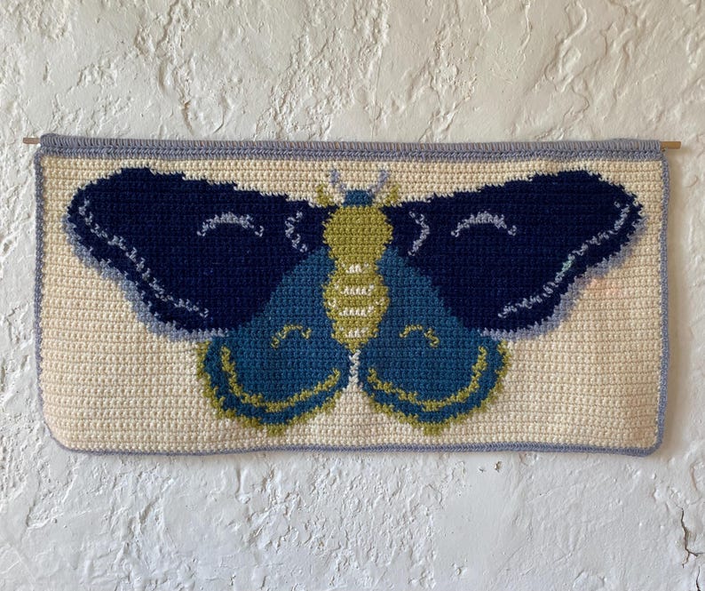 May include: A crocheted wall hanging featuring a blue and green butterfly with yellow accents. The butterfly is centered on a cream-colored background with a light blue border.