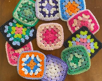 Custom Granny Square Coasters, Personalized Crochet Coasters Set of Four, Cute Crochet Decor, Crochet Christmas Gift, Christmas Coasters