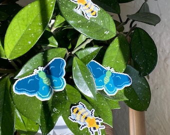 Pixel Art Bee and Moth Vinyl Stickers, Nature Decal