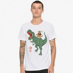 Ninja Cat Riding Dinosaur T-Rex Graphic T-Shirt, Men&#39;s and Women&#39;s Sizes (DSN-23991)