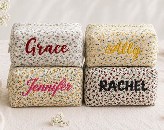 Personalized Floral Cosmetic Bag, Embroidered Name Makeup Pouch, Quilted Toiletry Bag