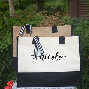 Sacola personalizada com nome ou logotipo, sacola de lona personalizada de juta, dama de honra, casamento, aniversário, sacola de compras reutilizável para ela