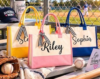 Custom Team Mom Tote Bag, Personalized Sports Tote, Cheer Dance Baseball Football Mom Bag, Large Color Block Carryall