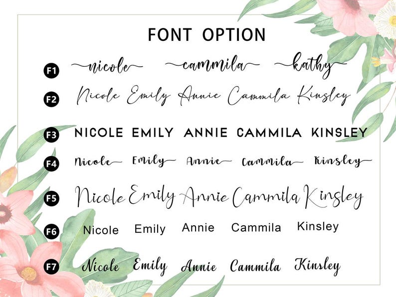 K&ouml;nnte beinhalten: Ein wei&szlig;er Hintergrund zeigt Schriftoptionen f&uuml;r Namen. Der Text "FONT OPTION" steht oben. Sieben Schriftarten werden gezeigt, jede mit einem Beispielnamen. Florale Akzente umrahmen den Text, mit rosa und gr&uuml;nen Bl&auml;ttern.