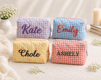 Personalized Makeup Bag Birthday Gift for Her, Custom Embroidered Name Cosmetic Bag, Cute Floral Travel Pouch