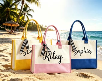 Preppy Personalized Beach Tote Bag, Custom Name Color Block Tote, Cute Summer Pool Bag, Girls Trip Travel Tote, Pink Blue Green Bag