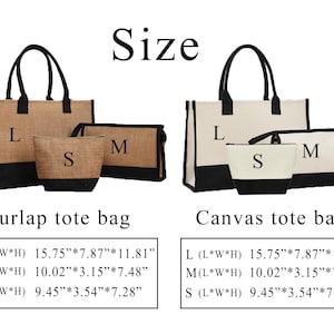 K&ouml;nnte beinhalten: Zwei Sets von Tragetaschen, eine aus Jute und eine aus Canvas, jeweils in drei Gr&ouml;&szlig;en: gro&szlig;, mittel und klein. Die Jute-Taschen sind beige mit schwarzen Akzenten, w&auml;hrend die Canvas-Taschen cremefarben mit schwarzen Akzenten sind. Gr&ouml;&szlig;enangaben in cm.