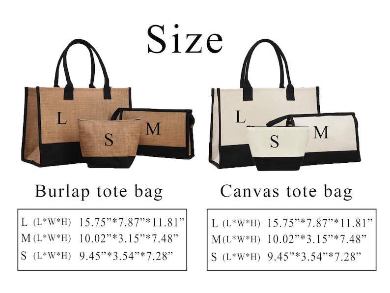 K&ouml;nnte beinhalten: Zwei Sets von Tragetaschen, eine aus Jute und eine aus Canvas, jeweils in drei Gr&ouml;&szlig;en: gro&szlig;, mittel und klein. Die Jute-Taschen sind beige mit schwarzen Akzenten, w&auml;hrend die Canvas-Taschen cremefarben mit schwarzen Akzenten sind. Gr&ouml;&szlig;enangaben in cm.