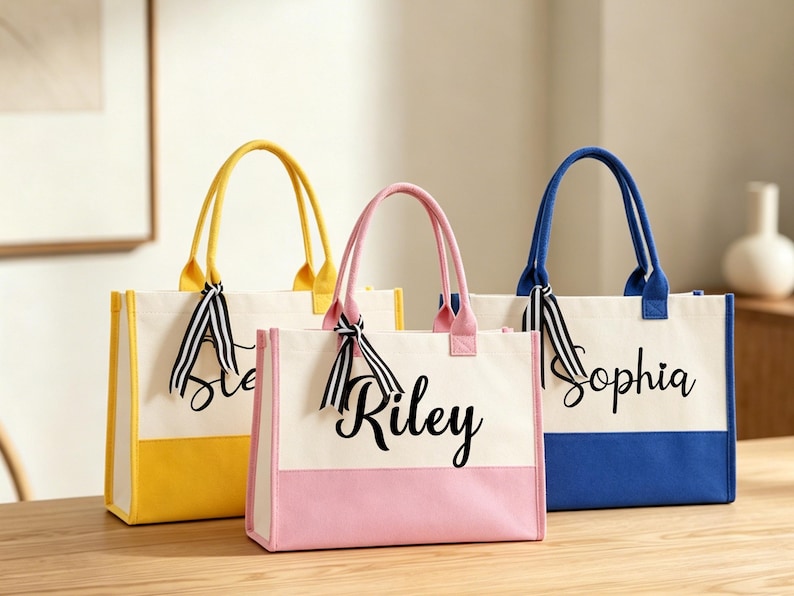 K&ouml;nnte beinhalten: Drei Canvas-Tragetaschen in Gelb, Rosa und Blau. Jede Tasche hat eine kontrastierende Bodenplatte und passende Griffe. Die Taschen sind mit Namen in schwarzer Schrift personalisiert und mit gestreiften B&auml;ndern verziert.