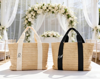 Monogram Straw Tote Bag, Personalized Initial Beach Bag, Custom Woven Shoulder Tote, Summer Gift for Women, Vacation Travel Bag