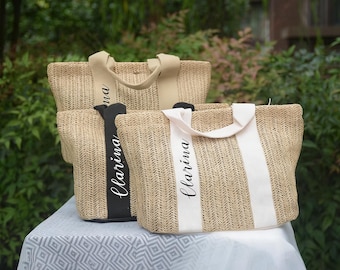 Sac fourre-tout personnalisé en paille tissée à la main, cadeau de plage ou de mariage avec prénom personnalisé