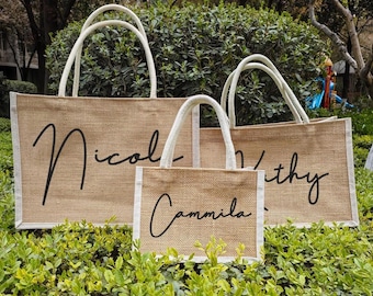 Personalisierte Jute-Einkaufstasche für Brautjungfern, benutzerdefinierter Name Strandtasche Geschenk