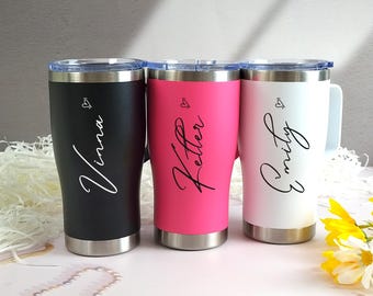 Taza de viaje personalizada de acero inoxidable, vaso térmico con nombre personalizado y asa, taza de regalo aislada