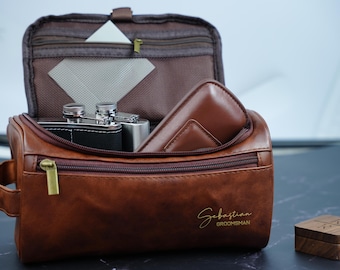Personalized PU Leather Toiletry Bag, Engraved Dopp Kit, Travel Accessory
