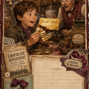 Op de afbeelding: Een decoratieve collage met een kind dat een chocoladereep met een gouden ticket vasthoudt, een ouder persoon, en tekst met I'VE FOUND IT, DAILY CHRONICLE CHOCOLATE SENSATION, en A MEMORY TO TREASURE, met gelinieerd papier en bloemaccenten.