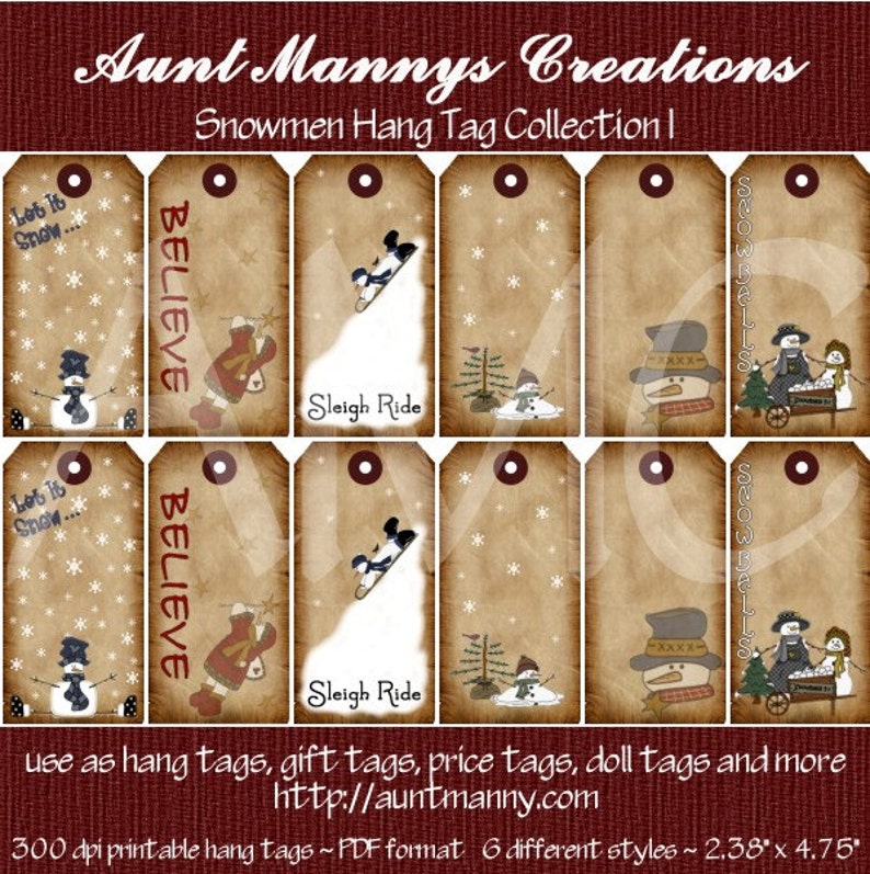 Primitive Vintage Winter Snowman Printable Hang Tags for Scrapbooking Art image 1