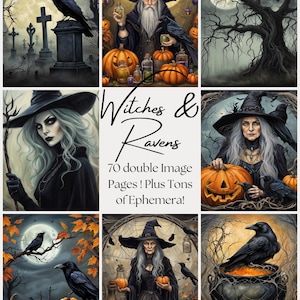 May include: A collage of images featuring witches, ravens, and pumpkins. The text "Witches & Ravens" is in the center of the collage. The text "70 double image pages! Plus tons of ephemera!" is below the title.