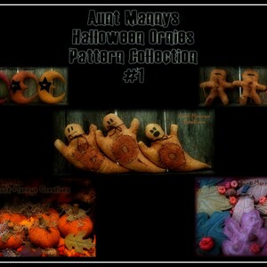 Op de afbeelding: Aunt Manny's Halloween Ornies Pattern Collection #1. De afbeelding toont verschillende Halloween-thema stoffen ornamenten, waaronder halve manen met sterren, geesten en peperkoekenmannetjes. Pompoenen en herfstbladeren zijn ook afgebeeld.