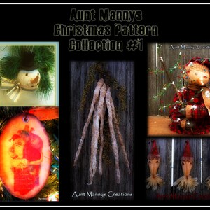 Op de afbeelding: Aunt Mannys Christmas Pattern Collection #1. De afbeelding toont een collage van kerstknutselwerkjes. Er is een sneeuwpopornament, een kerstmanornament en een pop met een geruit outfit. De afbeelding bevat ook de tekst "Aunt Manny's Creations."