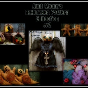 Op de afbeelding: Een verzameling Halloween-geïnspireerde viltpatronen, waaronder een vleermuis, geesten en peperkoekpoppetjes. De patronen maken deel uit van de "Aunt Mannys Halloween Pattern Collection #2".