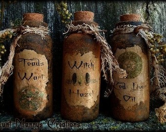 Primitive Folk Art Old Grungy Witch Potion Bottles NO SEW ePattern