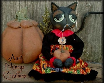 Primitive Folk Art Black Halloween Cat Doll Door Hanger Greeter Pattern