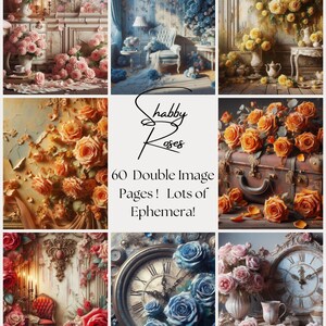 Puede incluir: Un collage de imágenes con rosas en varios colores, incluyendo rosa, amarillo, naranja y azul. Las imágenes tienen una estética vintage y shabby chic, con el texto "Shabby Roses" y "60 Double Image Pages! Lots of Ephemera!"