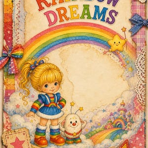 Puede incluir: Una tarjeta decorativa rectangular con el texto RAINBOW DREAMS en la parte superior. La ilustración muestra un personaje rubio con vestido azul y una pequeña criatura blanca sobre nubes bajo un arcoíris. El borde incluye encaje y estrellas.