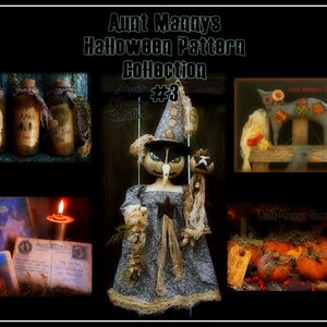 Op de afbeelding: Een collage van afbeeldingen met Halloween-thema's, waaronder een heksenpop, een kattenpop en een verzameling flesjes met toverdrank. De tekst "Aunt Mannys Halloween Pattern Collection #3" is zichtbaar in de afbeelding.