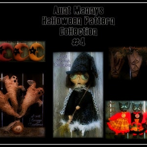 Op de afbeelding: Een verzameling Halloween-stofpatronen, waaronder een heks, geesten, katten en manen. De patronen maken deel uit van de "Aunt Mannys Halloween Pattern Collection #4".