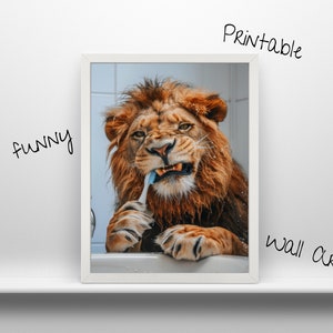 Engraçado escovação de dentes de leão arte de parede digital l para impressão divertido design de animais decoração de casa l moldura para download uso de decoração pessoal comercial