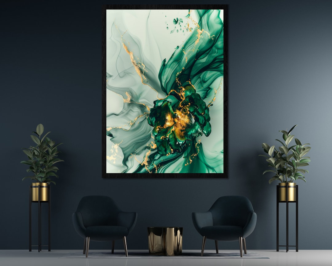 Luxury Emerald Gold Flower Digital Wall Art L Printable Green Fluid Ink ...