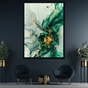 Luxury Emerald Gold Flower Digital Wall Art l Printable Green Fluid Ink Design Home Decoration l Downloadable Abstract Floral Room Decor Use