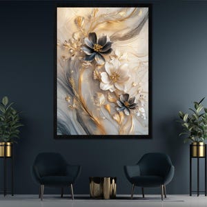 Luxus Blumen-Design Digitale Wandkunst l Druckbare 3D Weiß Schwarz Gold Floral Home Dekoration l Herunterladbare Fluid Ink Marmor Raumdekor verwenden