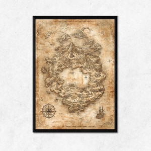 Impresión digital de pared con mapa del tesoro en tono sepia vintage | Decoración de pared con textura antigua imprimible | Marco para decoración del hogar con mapa de aventuras piratas