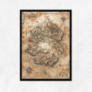Arte de pared digital con diseño de mapa pirata vintage | Impresión de pared con mapa de aventuras con textura desgastada antigua | Decoración del hogar de fantasía en tono sepia