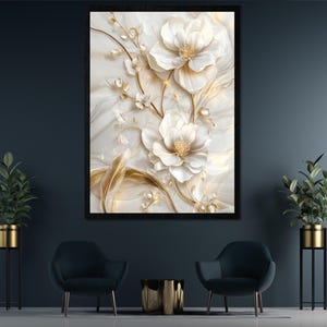 Luxus weiße Blume mit Gold Feder Digitale Wandkunst l Druckbare 3D Floral Marmor Design Dekoration l Herunterladbare Raumdekorrahmen