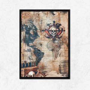 Vintage Pirate Karte Digitale Wandkunst l Druckbare alte Distressed Textur Raumdekoration l Sofortige herunterladbare Schädel Design Wohnkultur Rahmen